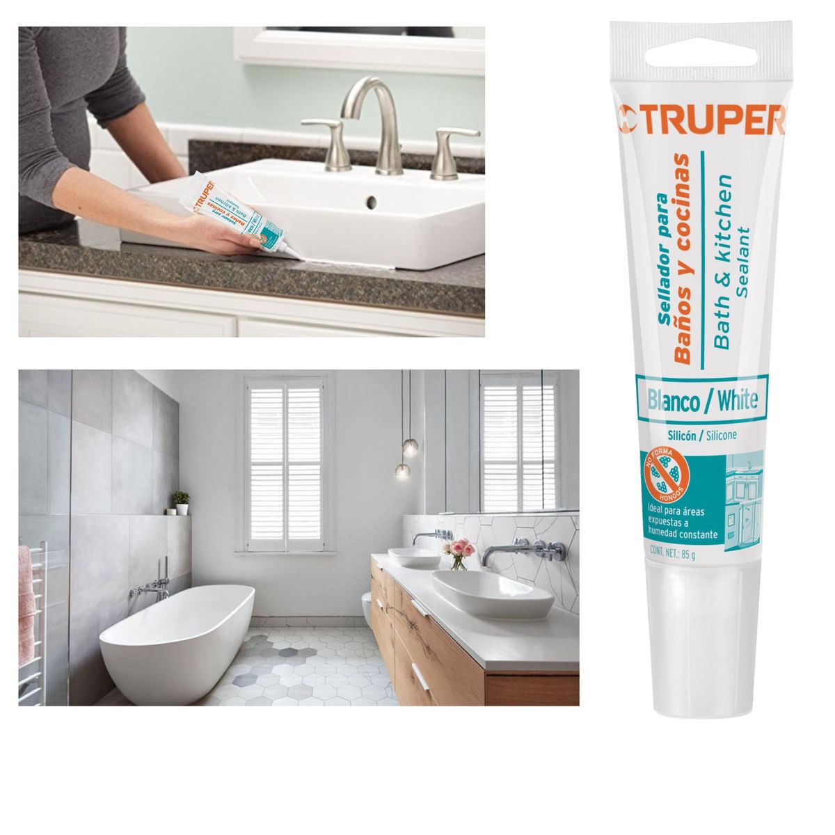 TRUPER - Silicona blanca, sellador de baños y cocinas, 85 g, Truper