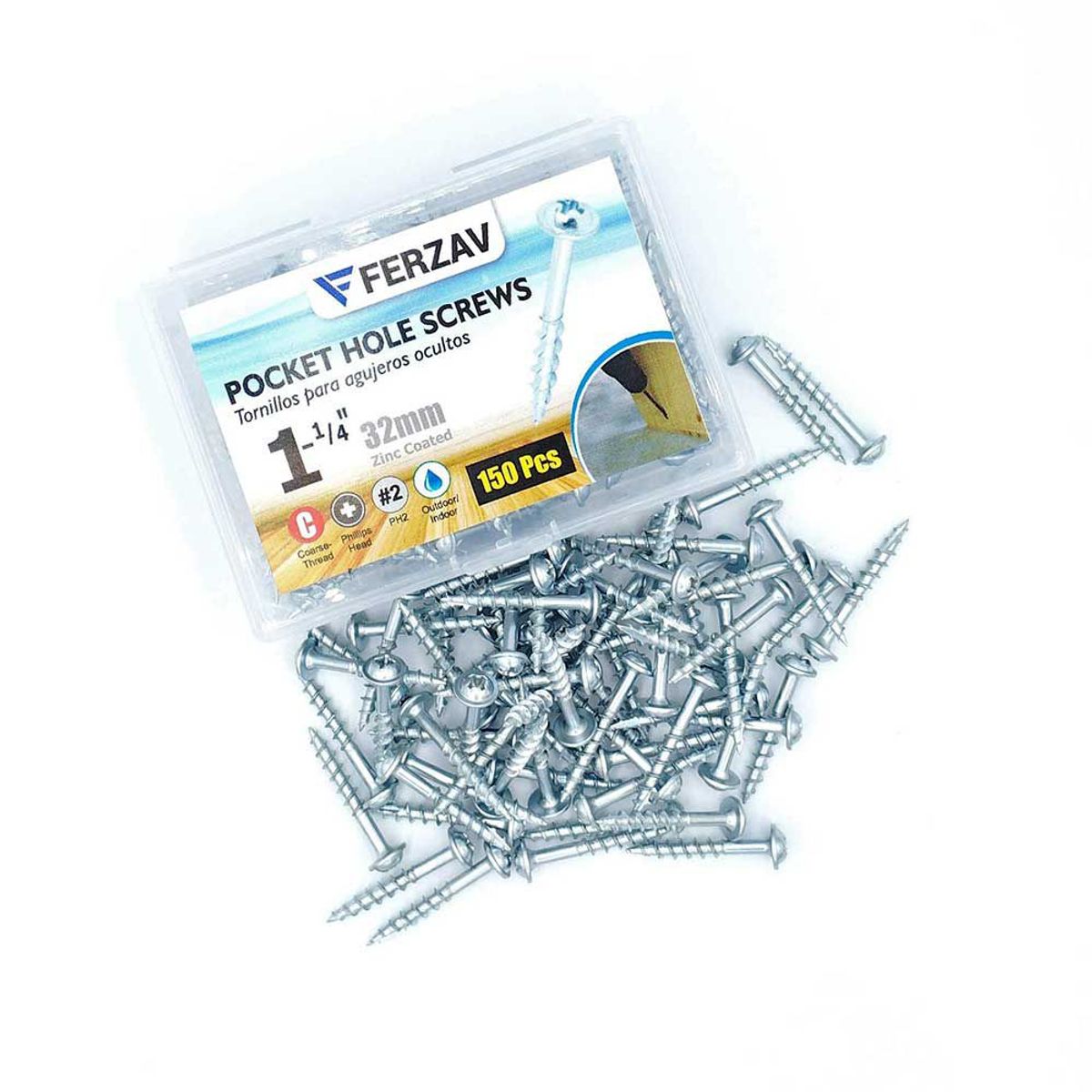 FERZAV - Tornillo Ferzav Agujero de Bolsillo 1-1/4"(32mm) 150 Pc. tipo Kreg PHI