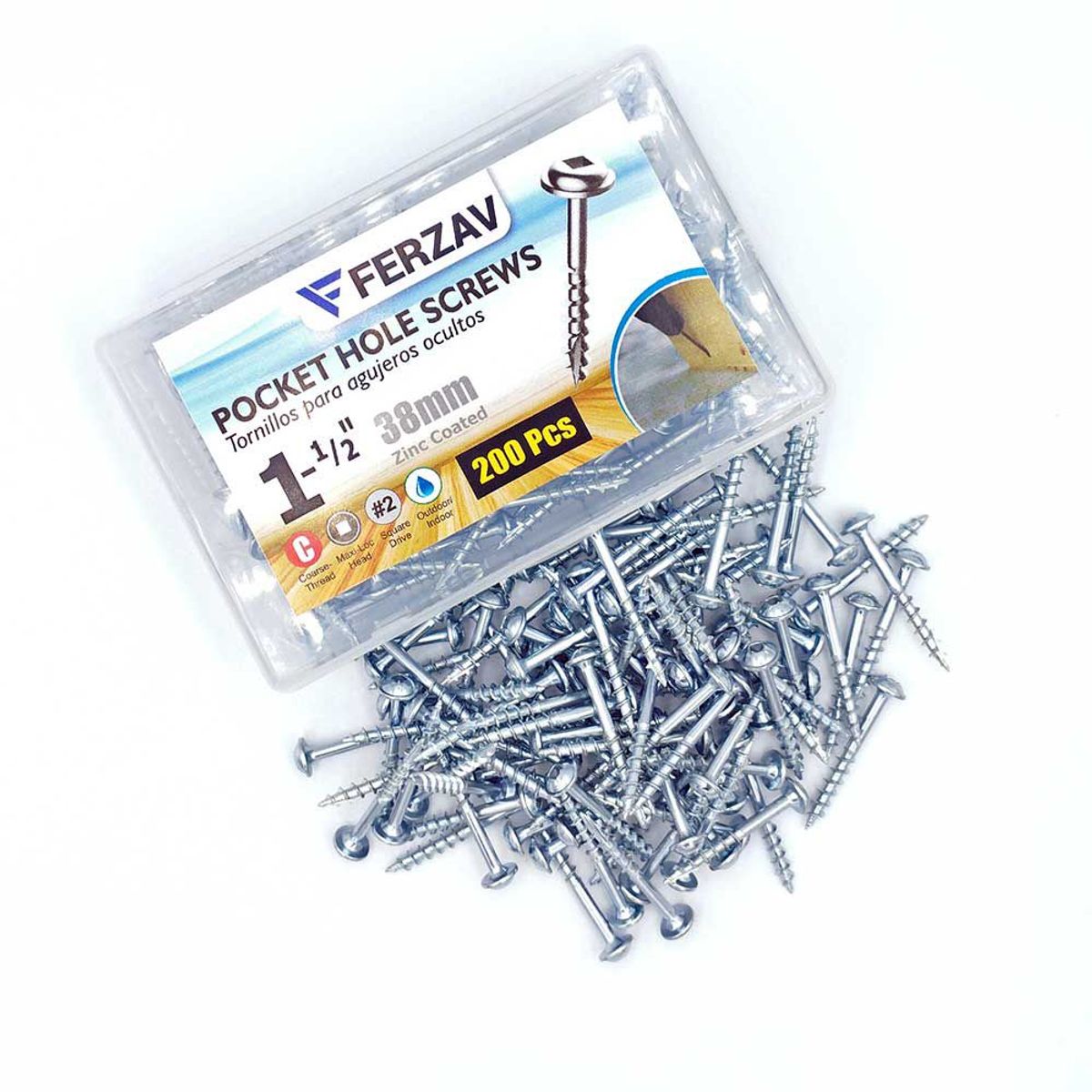 FERZAV - Tornillo Ferzav Agujero de Bolsillo 1-1/2"(38mm) 200 Pc. tipo Kreg SQ2