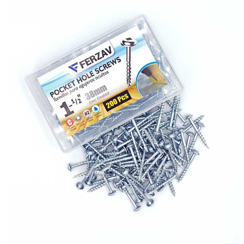 FERZAV - Tornillo Ferzav Agujero de Bolsillo 1-1/2"(38mm) 200 Pc. tipo Kreg SQ2