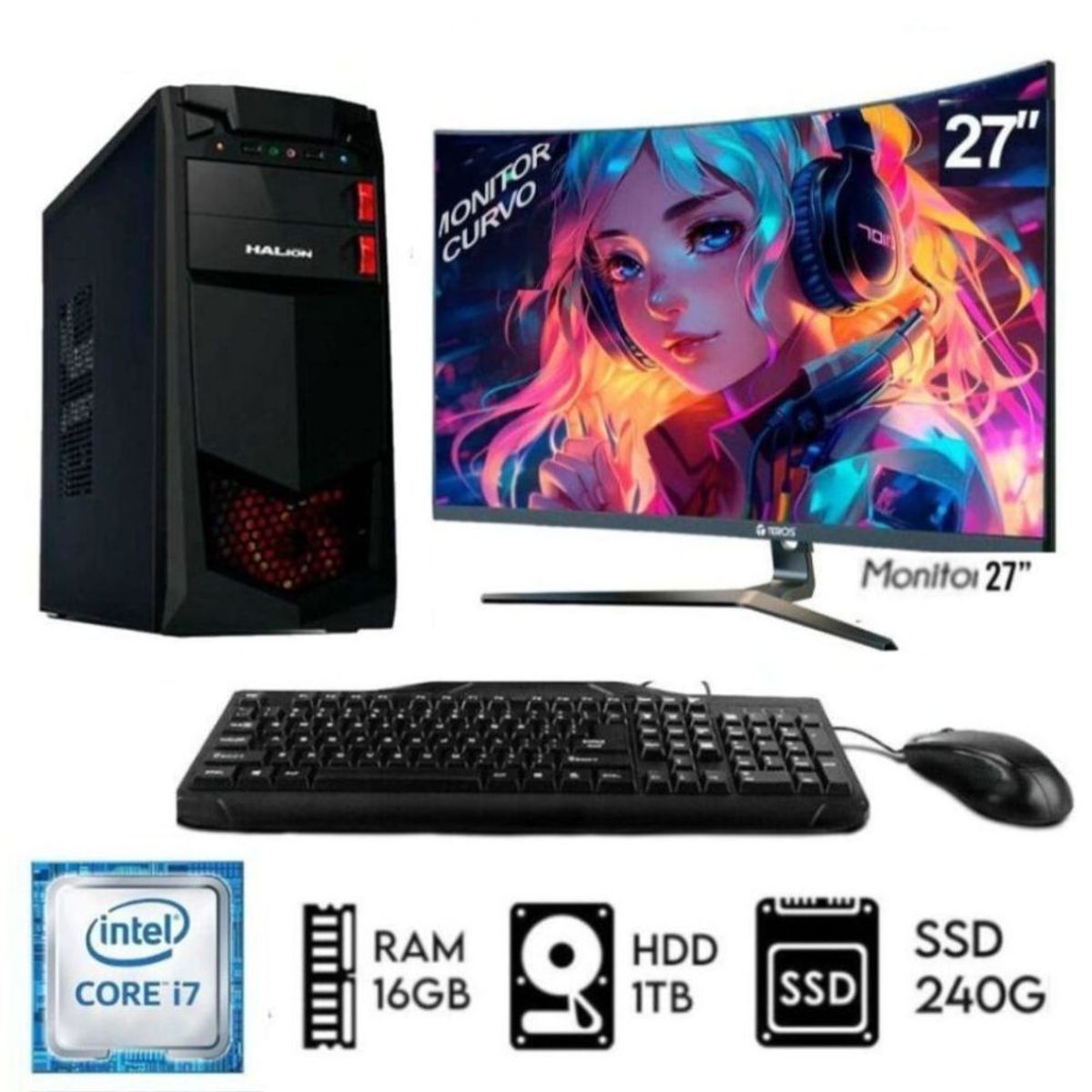 INTEL - Computadora PC Intel Core i7 3.2ghz  RAM 16GB Disco1TB+SSD 240GB Monitor 27 FHD