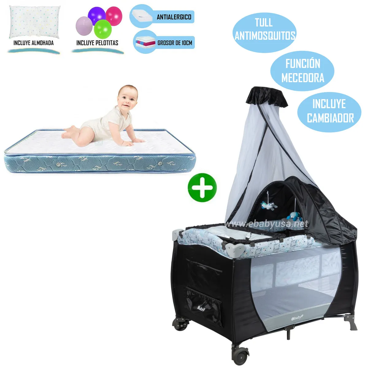 EBABY - Cuna Corral Mecedora Celeste 716 + Colchón