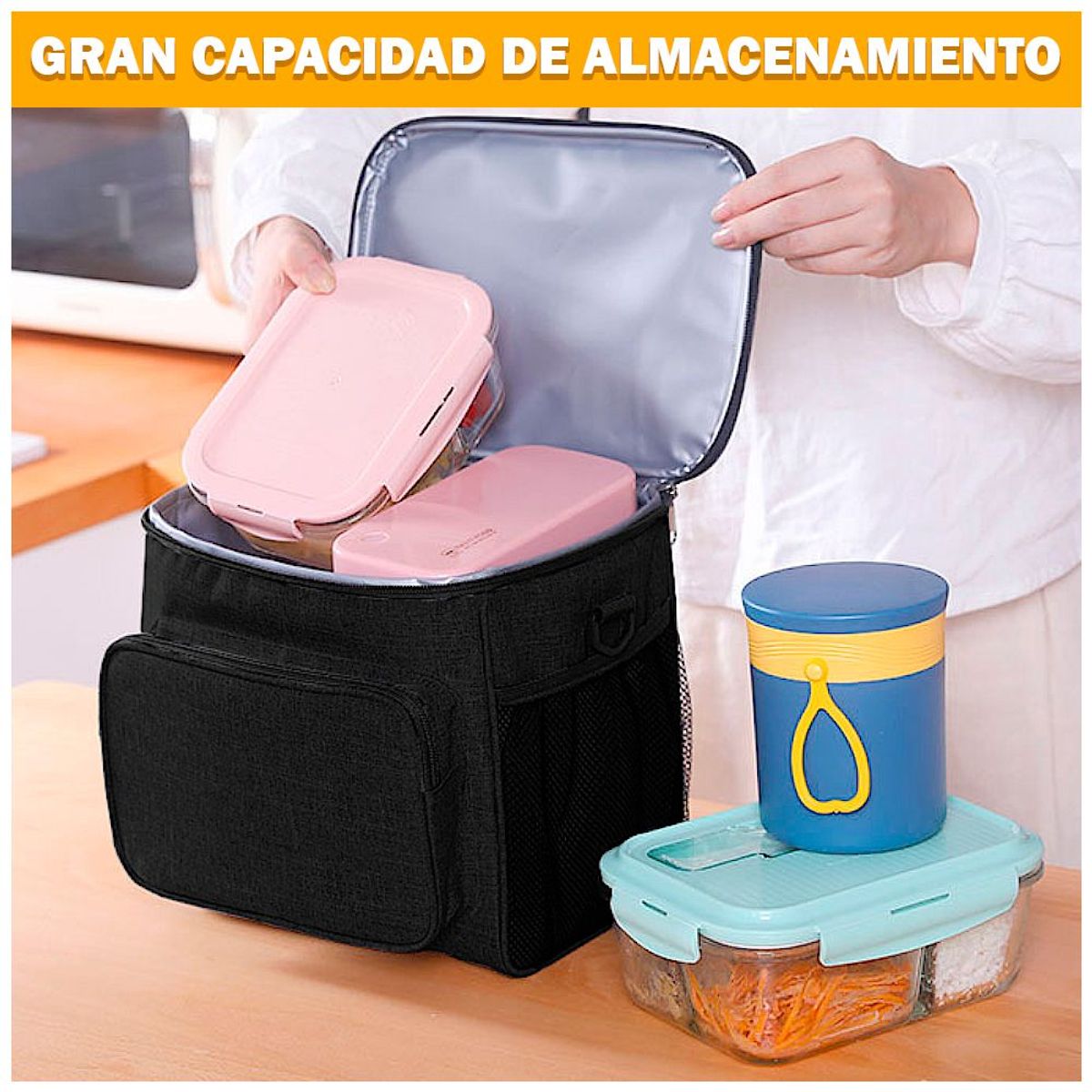 GENERICO - Lonchera Térmica para Comida y Alimentos Impermeable Negro 02X