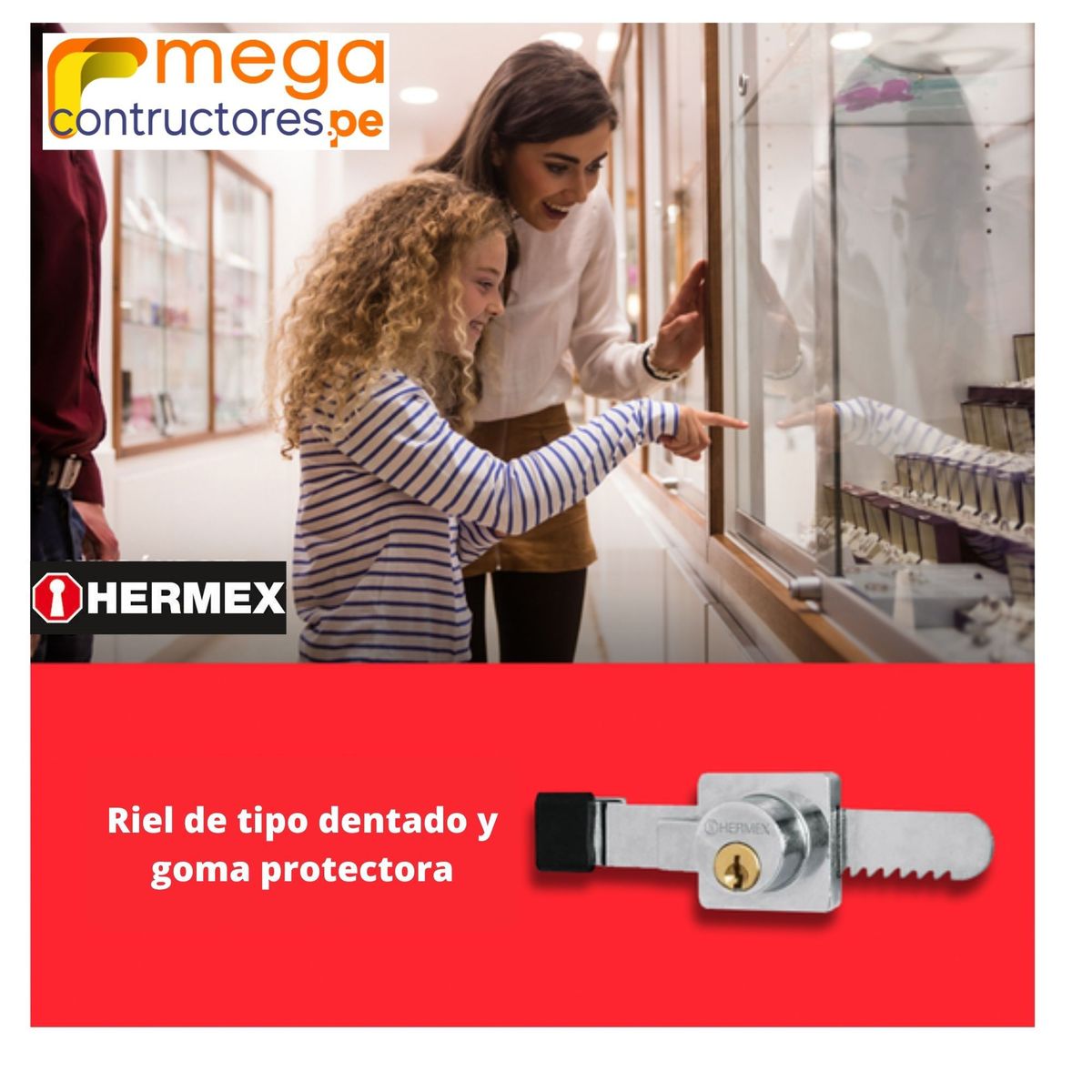 HERMEX - Cerradura para vitrina 6 mm, tipo serrucho - HERMEX
