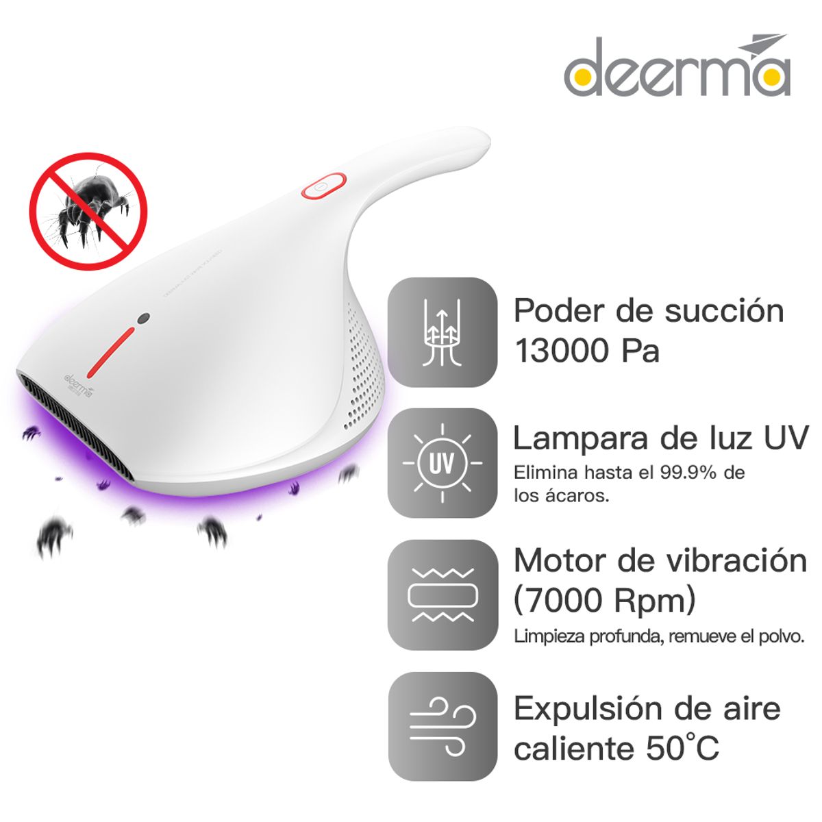 DEERMA - Aspiradora Anti-Ácaros CM800 - 13000Pa Luz UV Filtro Hepa