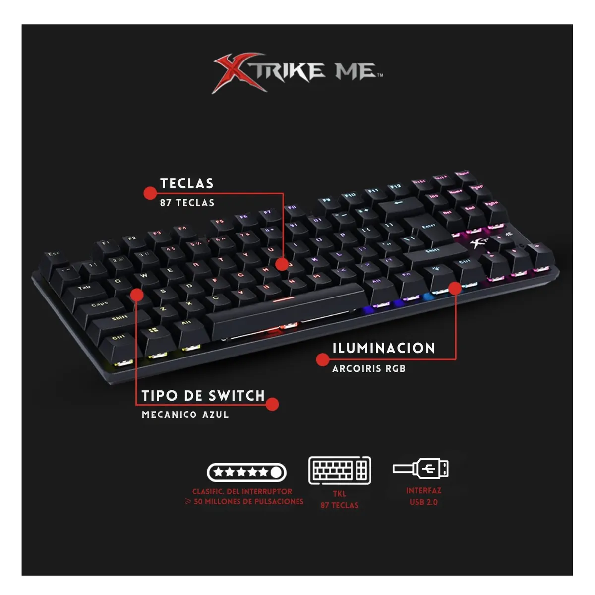XTRIKE ME - Teclado Mecanico Gamer Xtrike Me Retroiluminado 87 Teclas TKL GK-986