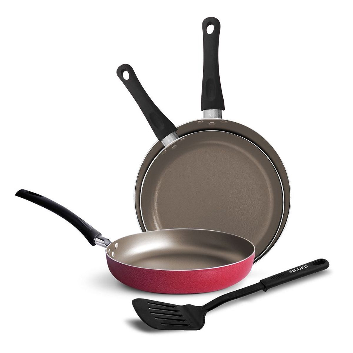 RECORD - Tripack Sartenes Antiadherente Rojo 18-22-24 + Espátula Record