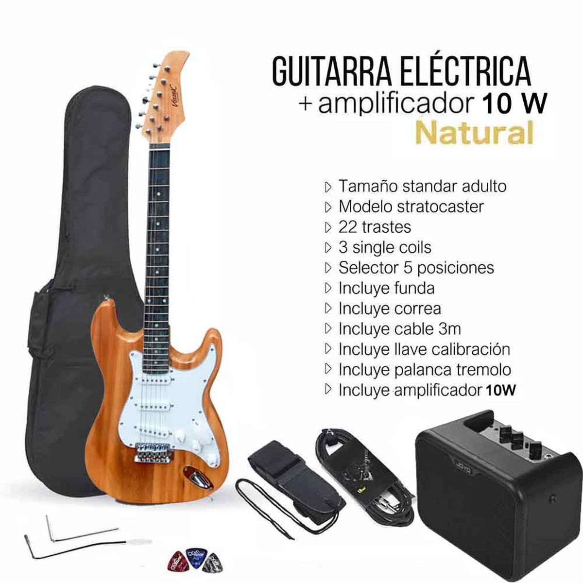VOZZEX - PACK ELECTRICO STRATO NATURAL - AMPLIFICADOR JOYO 10W