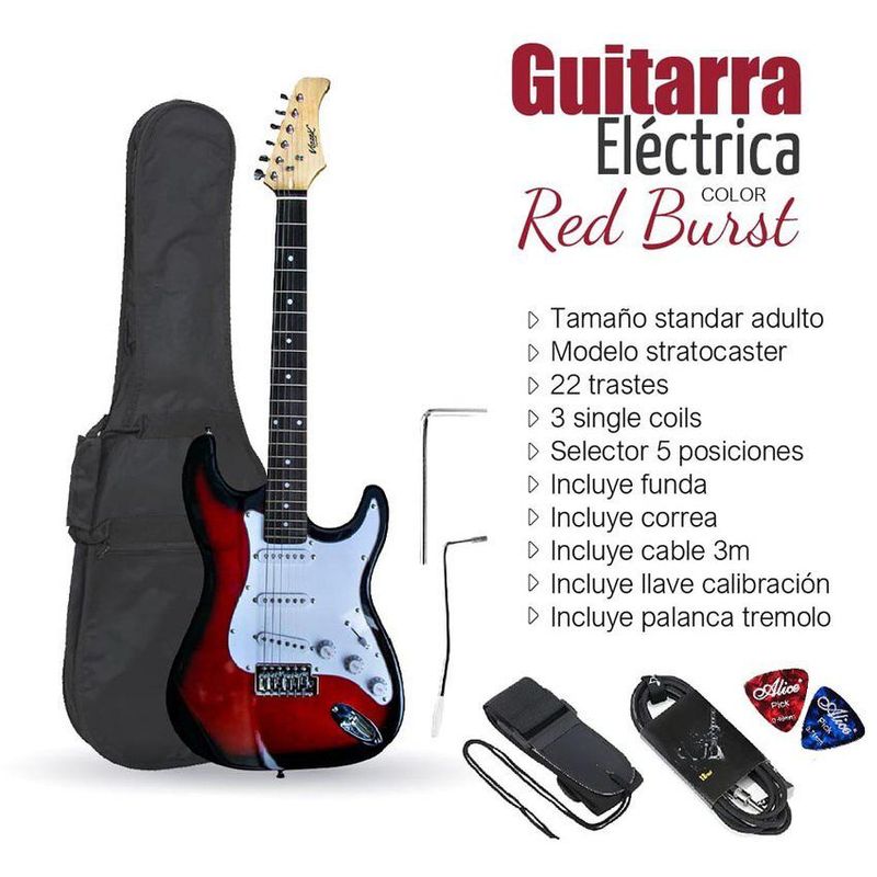 VOZZEX - GUITARRA ELÉCTRICA STRATOCASTER TAMAÑO ADULTO  RED BURST