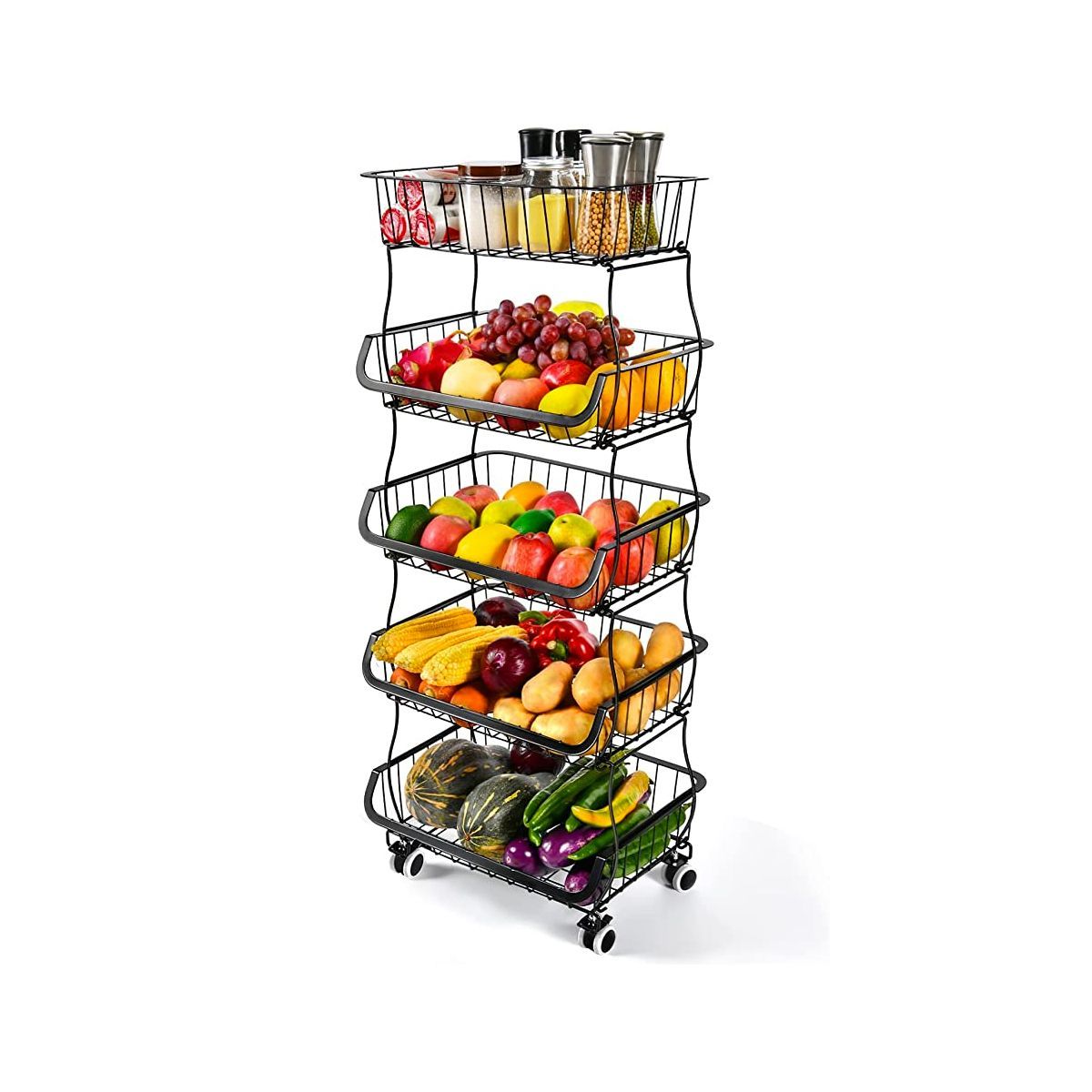 GRETAIL - Estante Cesta Cocina Para Frutas Verduras Hogar 5 Niveles Con Ruedas