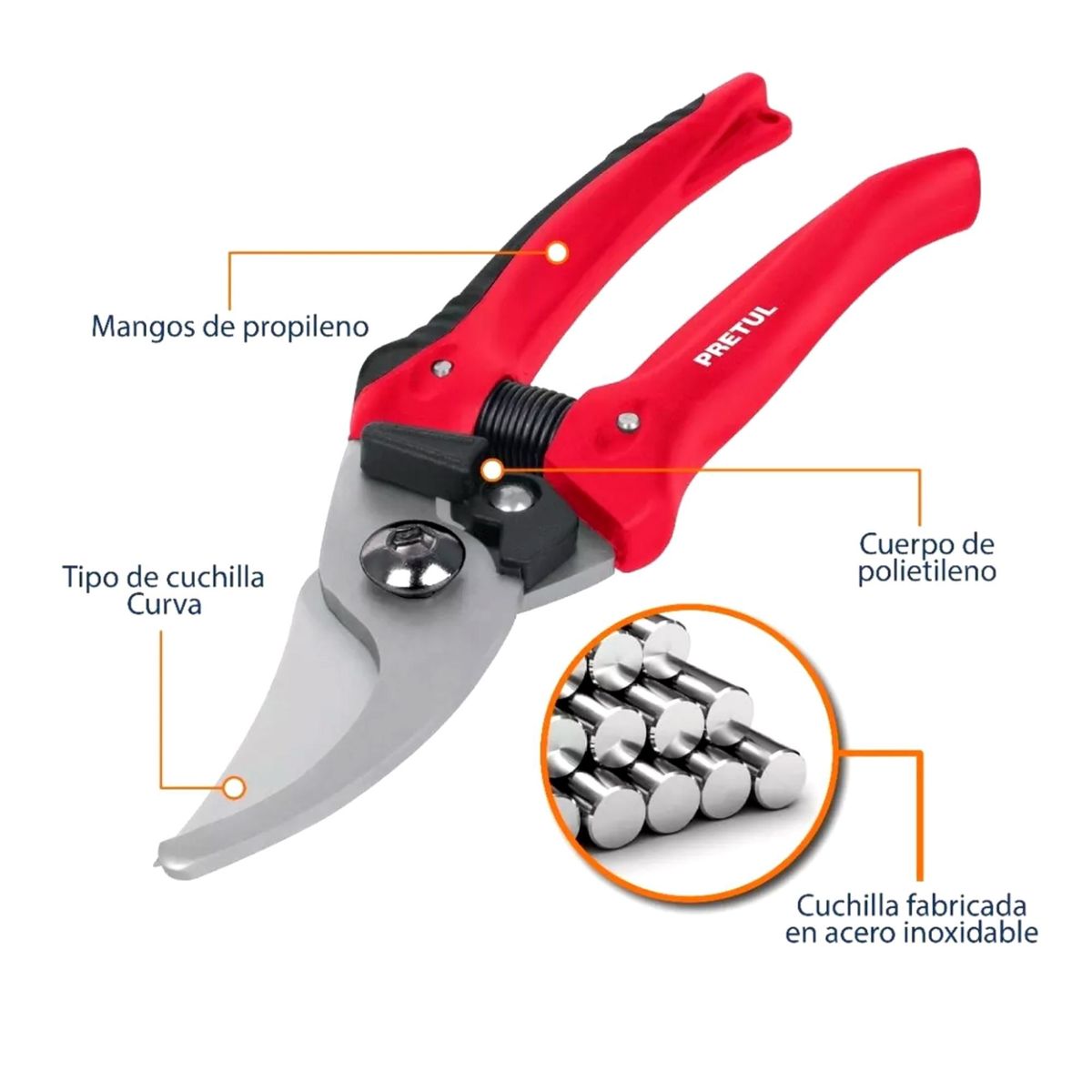 PRETUL - Tijera de poda 8 pulg jardinero cuchilla de paso de acero inox Pretul