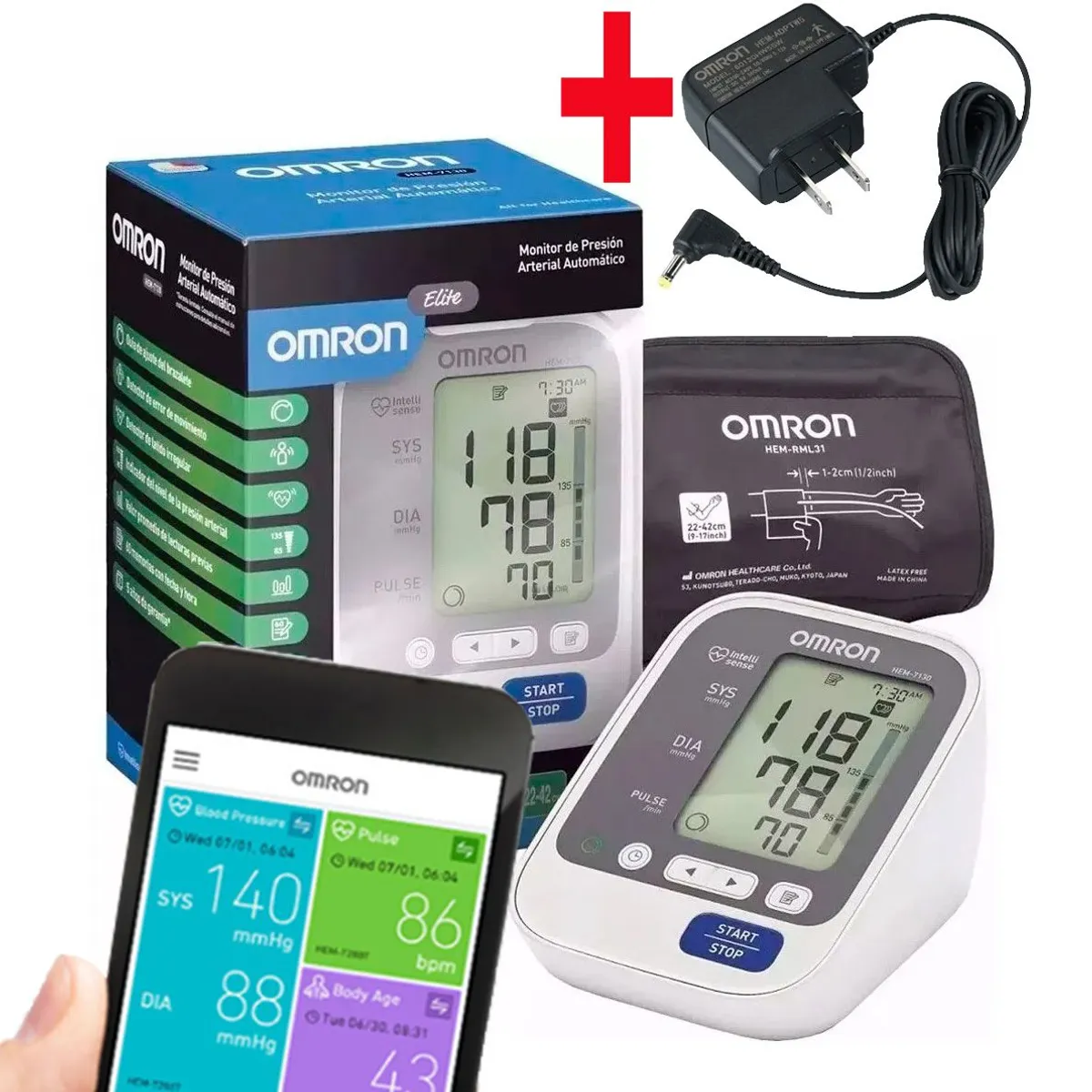OMROM - Monitor De Presión Arterial OMRON Automático ELITE HEM-7130  Adaptador de corriente