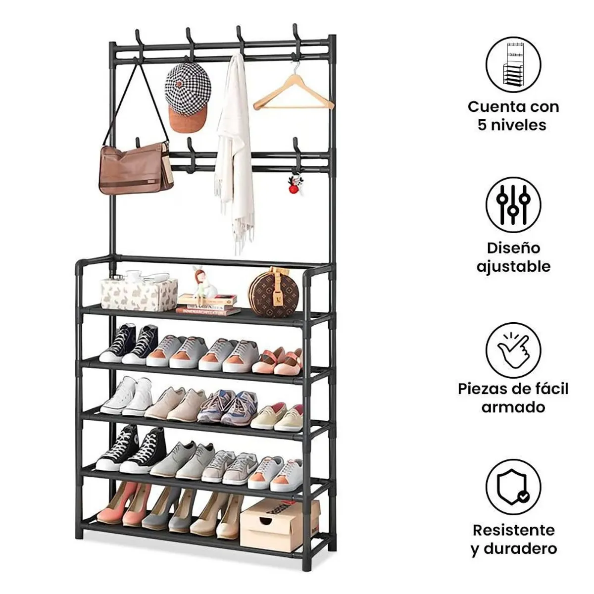 GENERICO - Estante Zapatos 5 Niveles Zapatera Metal + Perchero Organizador Negro