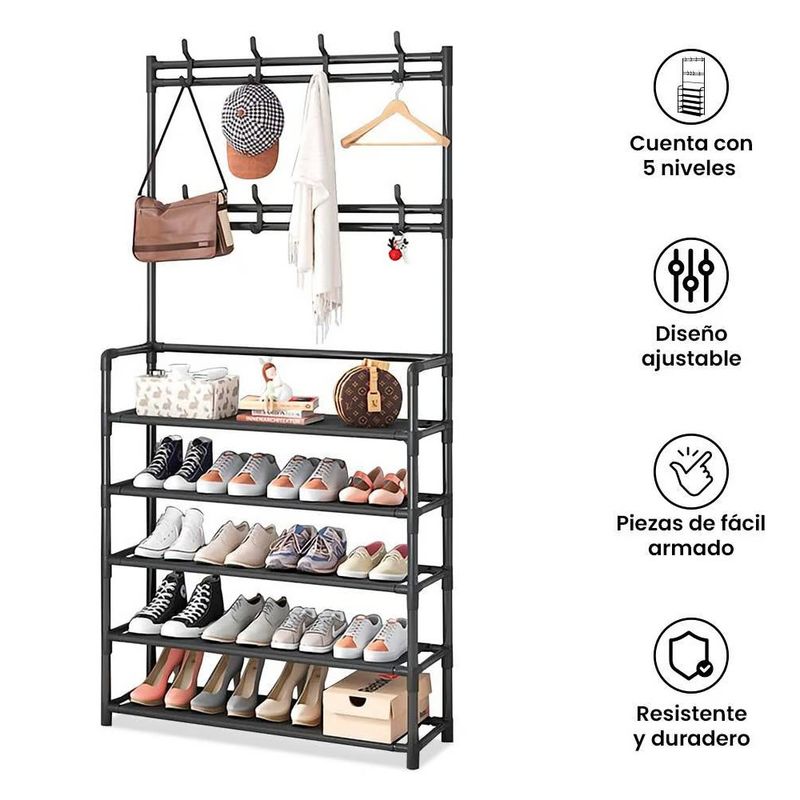 GENERICO - Estante Zapatos 5 Niveles Zapatera Metal + Perchero Organizador Negro
