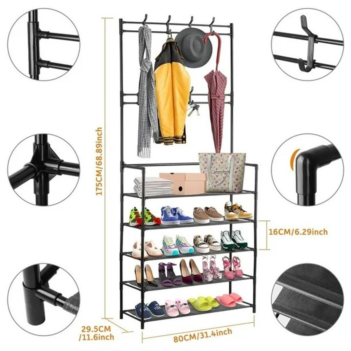 GENERICO - Estante Zapatos 5 Niveles Zapatera Metal + Perchero Organizador Negro