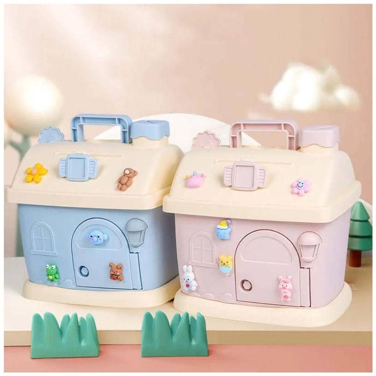 MINARI - Alcancía Casita Kawaii Niños con Stickers 2D y 3D Azul 805A