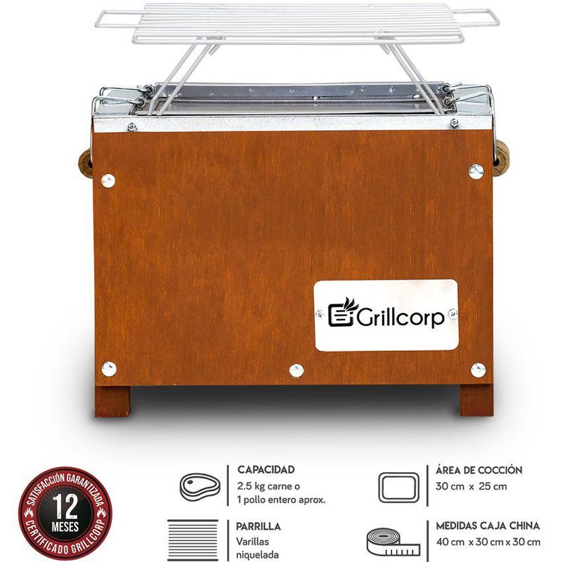 GRILLCORP - Caja china mini caoba + parrilla de varillas niqueladas 40x30x30 cm