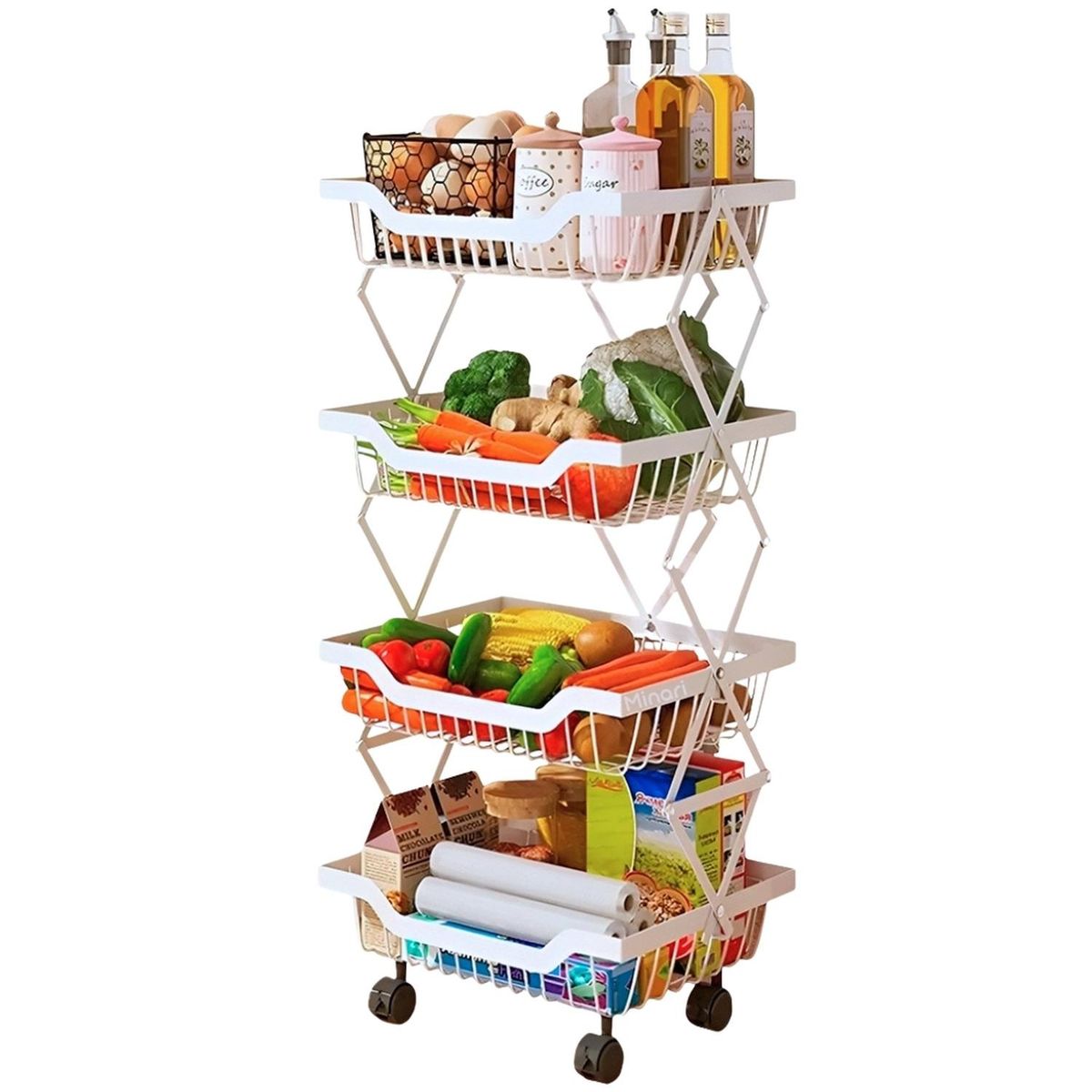 MINARI - Carrito Verdulero Organizador Plegable con Ruedas Blanco 803V