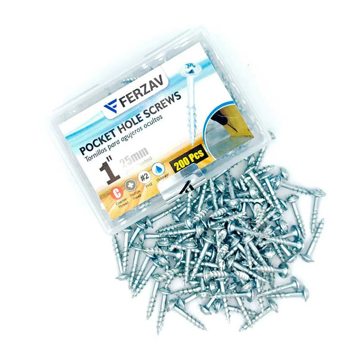 FERZAV - Tornillo Ferzav Agujero  Bolsillo 1" (25mm)  200 Pc Phillips tipo Kreg