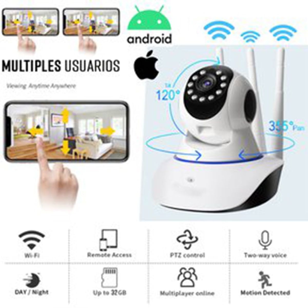 OEM - Cámara IP HD 3 Antenas WiFi 360 Sensor Movimiento Microfono