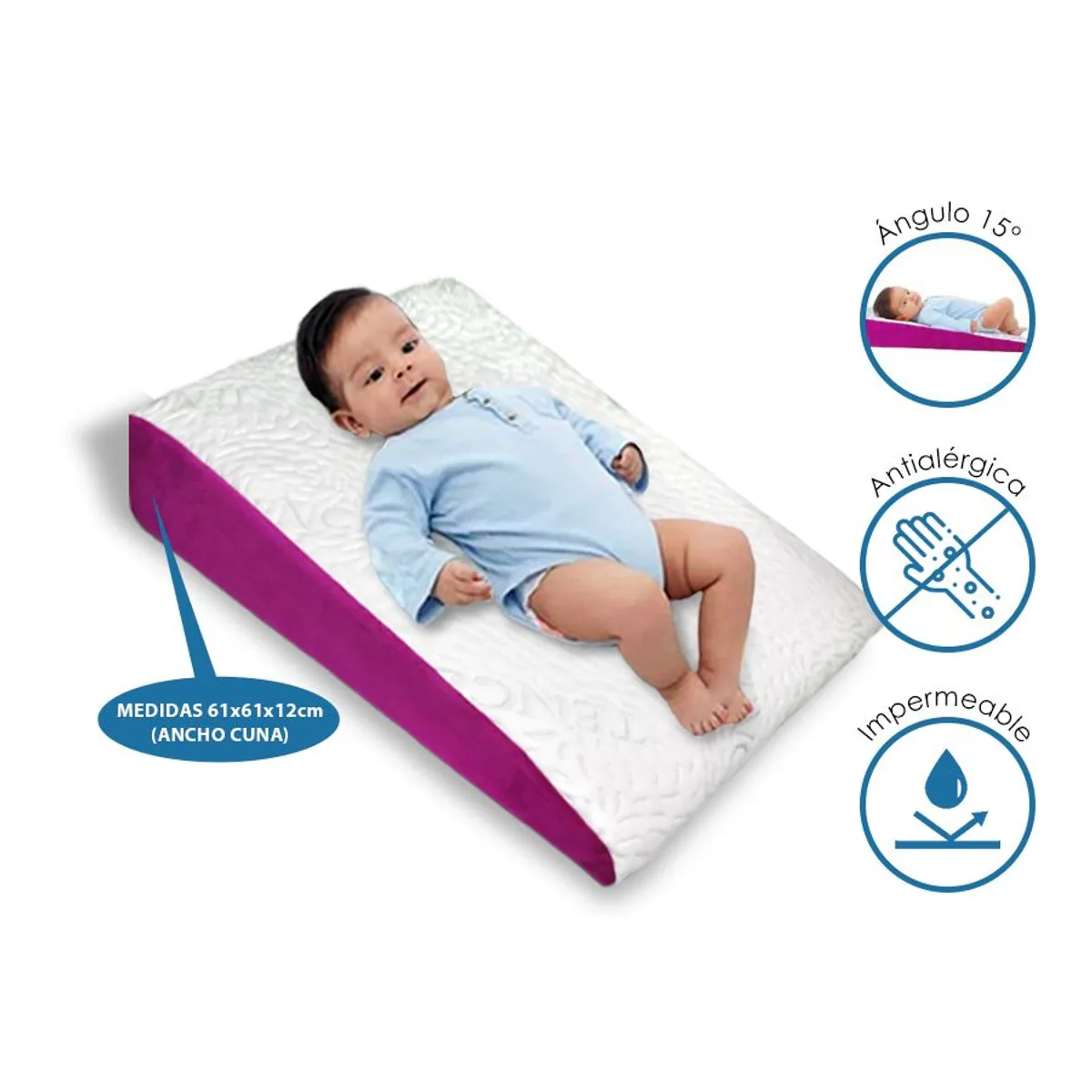TERAFLEX - ALMOHADA COJIN ANTIREFLUJO BEBE IMPERMEABLE FUCSIA 61x61x12 CM