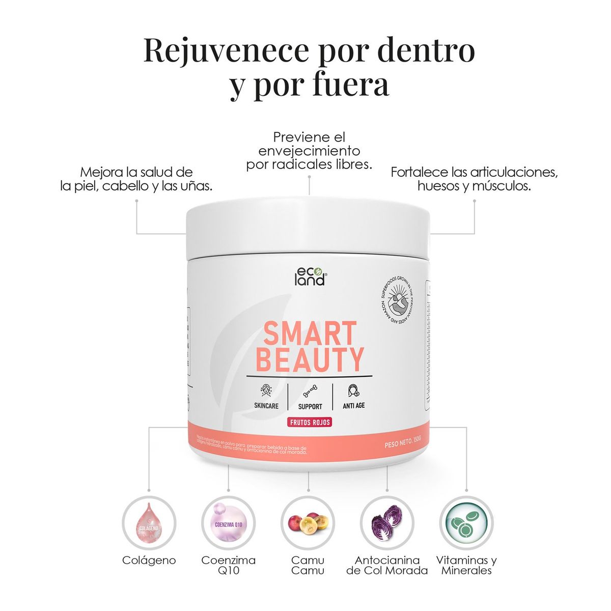 ECOLAND - SMART BEAUTY- COLÁGENO Y ANTIOXIDANTES- POMO 150G FRUTOS ROJOS
