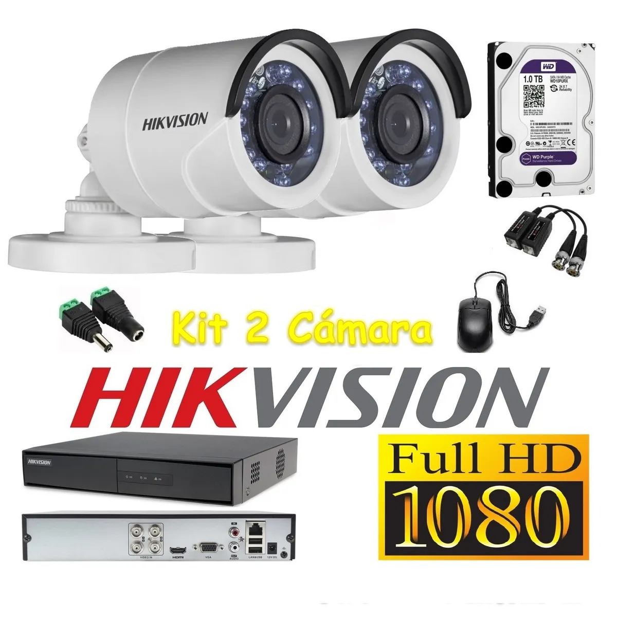 HIKVISION - kit 2 Cámaras Seguridad Tubo Exterior FULLHD Hikvision + 1tb