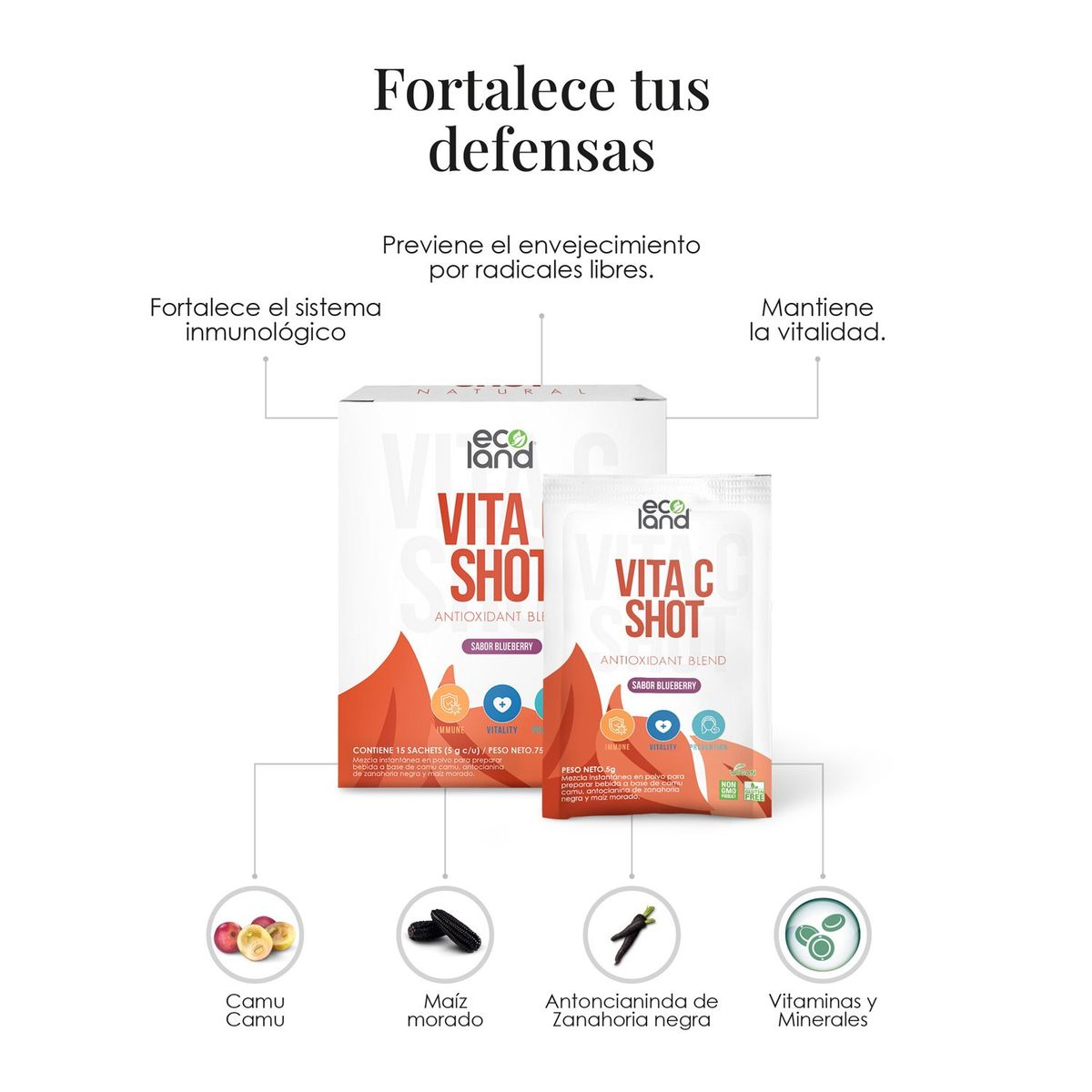 ECOLAND - VITA C SHOT CAJA 15 SACHETS - BLUEBERRY