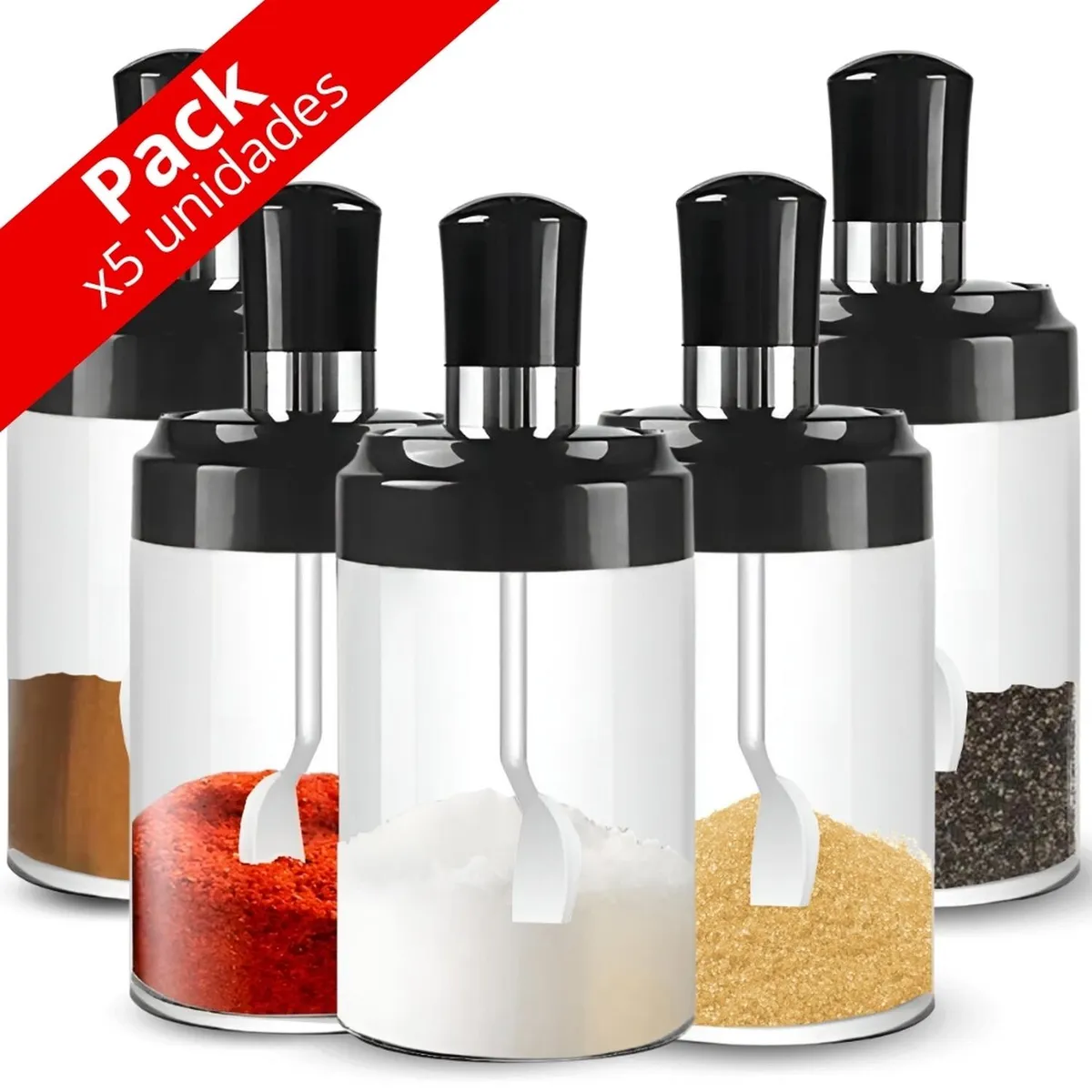 MINARI - Set x5 Condimenteros Especieros Frascos de Vidrio con Cucharita 826C