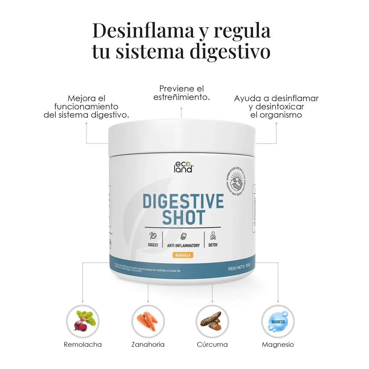 ECOLAND - DIGESTIVE SHOT- ANTIINFLAMATORIO Y DIGESTIVO NATURAL- POMO 150G NARANJA