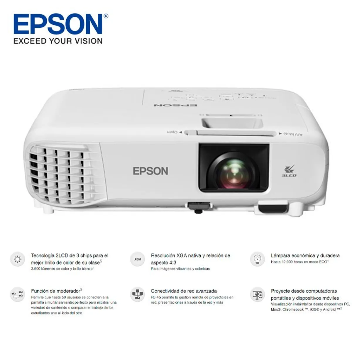 EPSON - Proyector Epson portátil Powerlite X49 3600 Lúmenes XGA 1024x768
