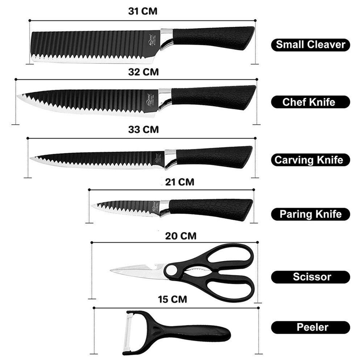 GENERICO - Set de Cuchillos de Cocina 6 piezas Acero Inoxidable Negro