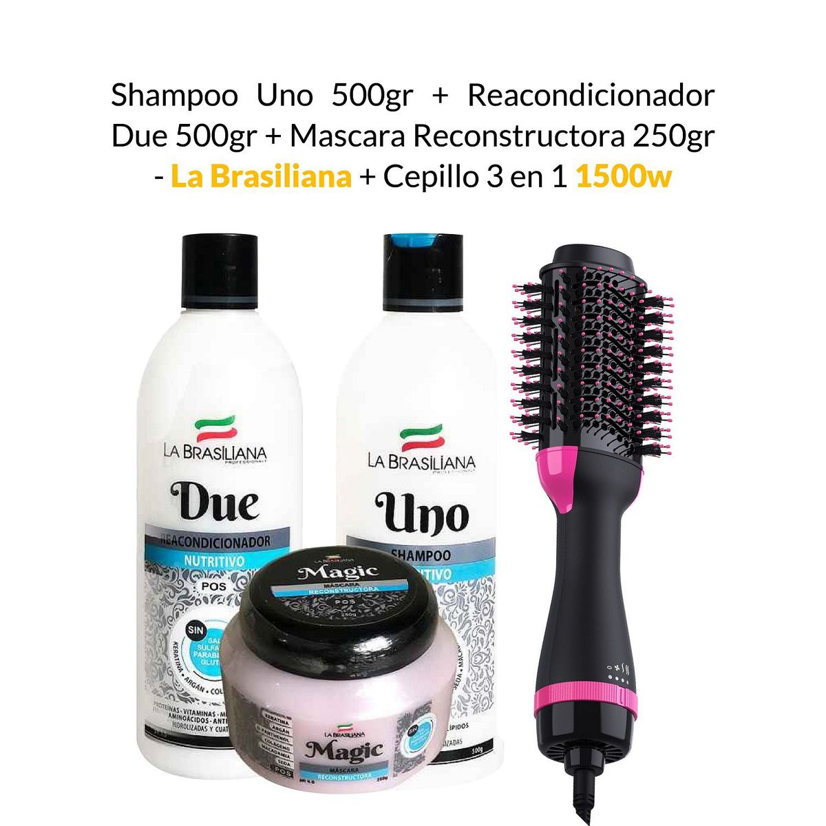 GENERICO - Shampoo Uno  Reacondicionador Due  Máscara  Cepillo3en1 1500w.