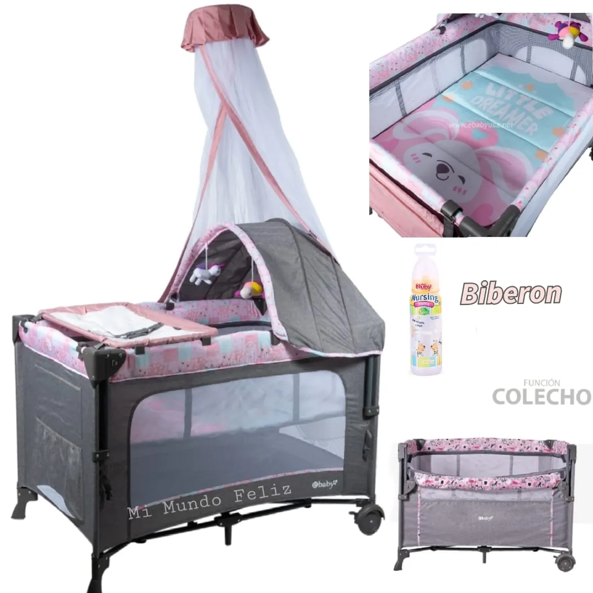 EBABY - Cuna Corral de Bebe con Colecho Mecedora Pink