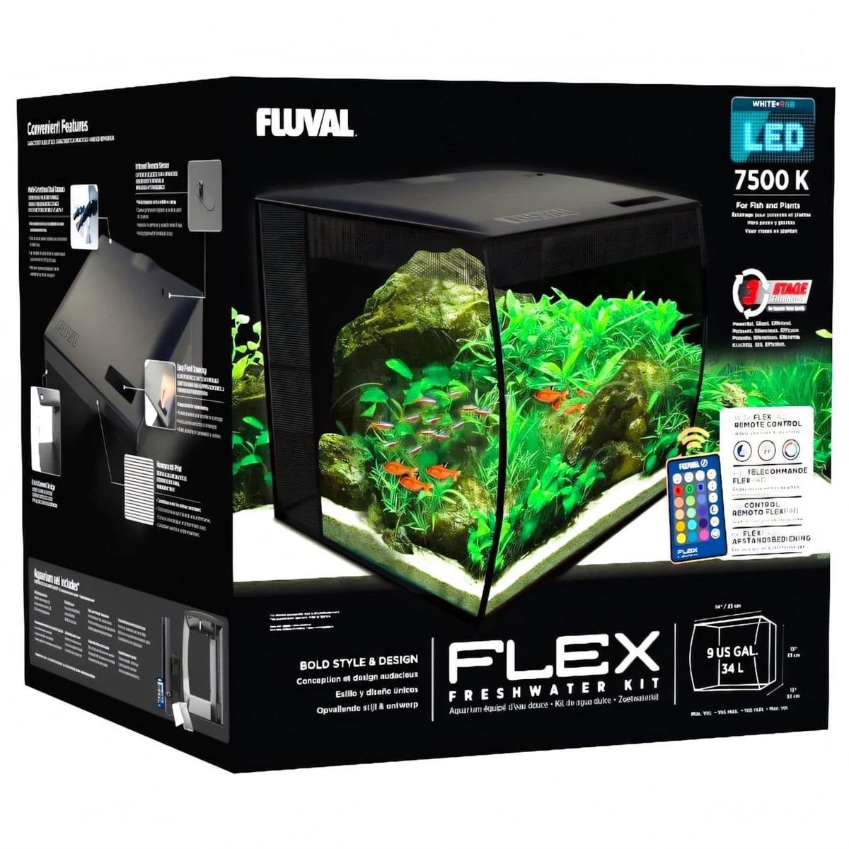 GENERICO - Acuario Fluval Flex Kit de 34 litros, con cristal frontal concavo,  Hagen