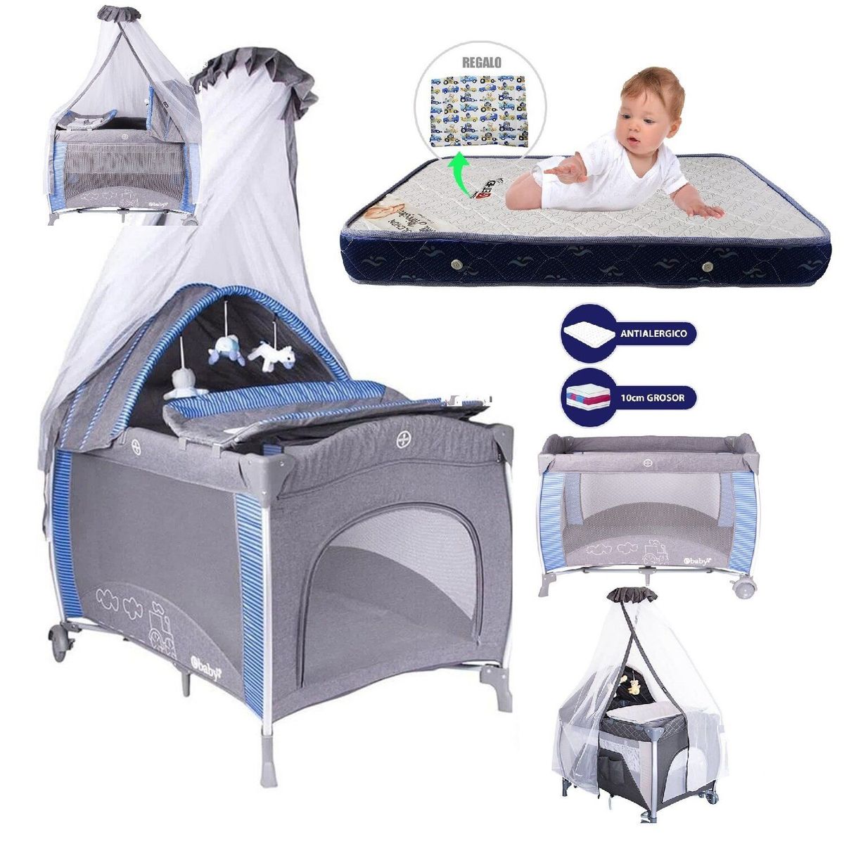 EBABY - Cuna Corral Noa  Colchon AZUL