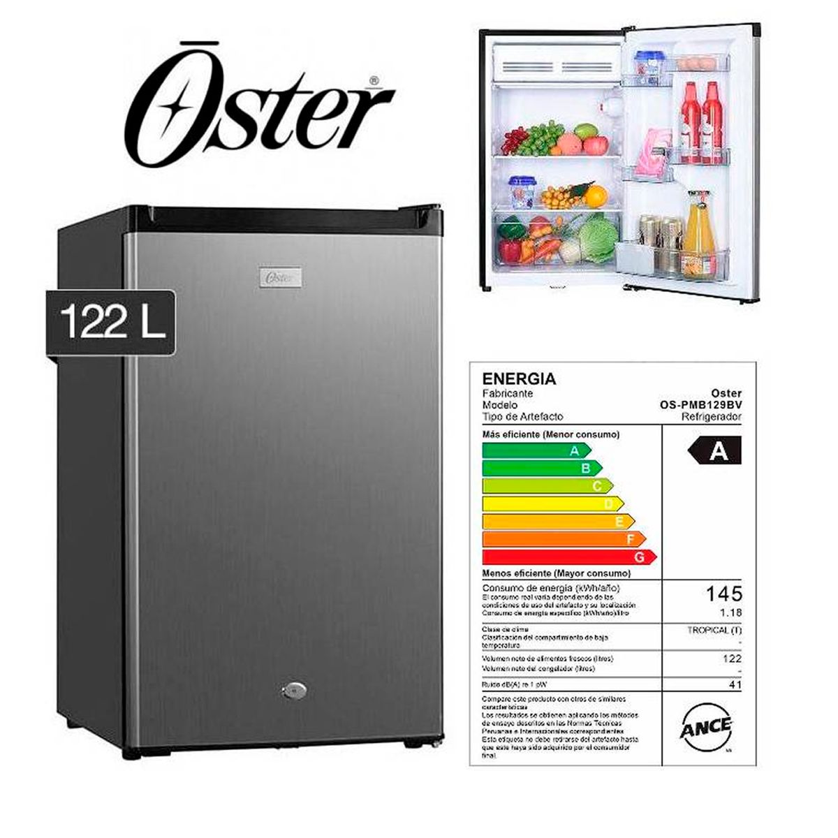 OSTER - Frigobar Oster 122L OS PMB129BV  Negro con Silver