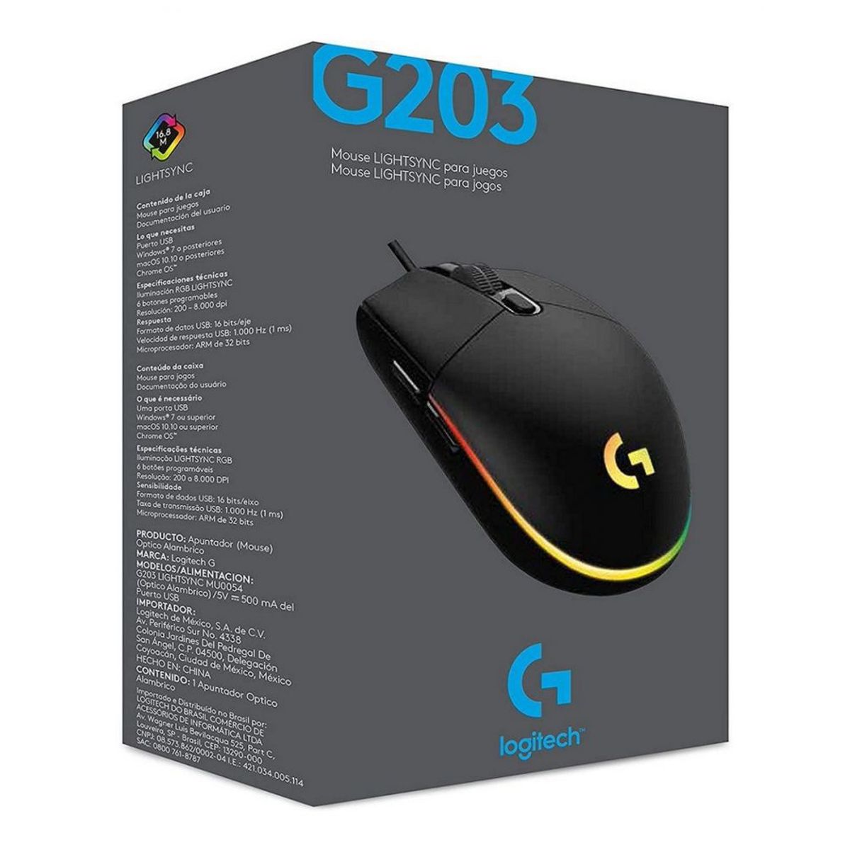 LOGITECH - Mouse Gamer Logitech G203 Lightsync Rgb Gaming Negro Black