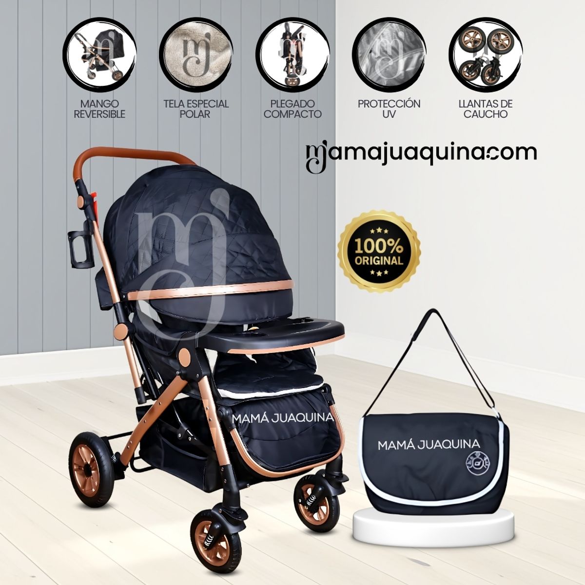 LITTLE - Coche Cuna de Lujo «BARCELONA» con Bolso Pañalero Black