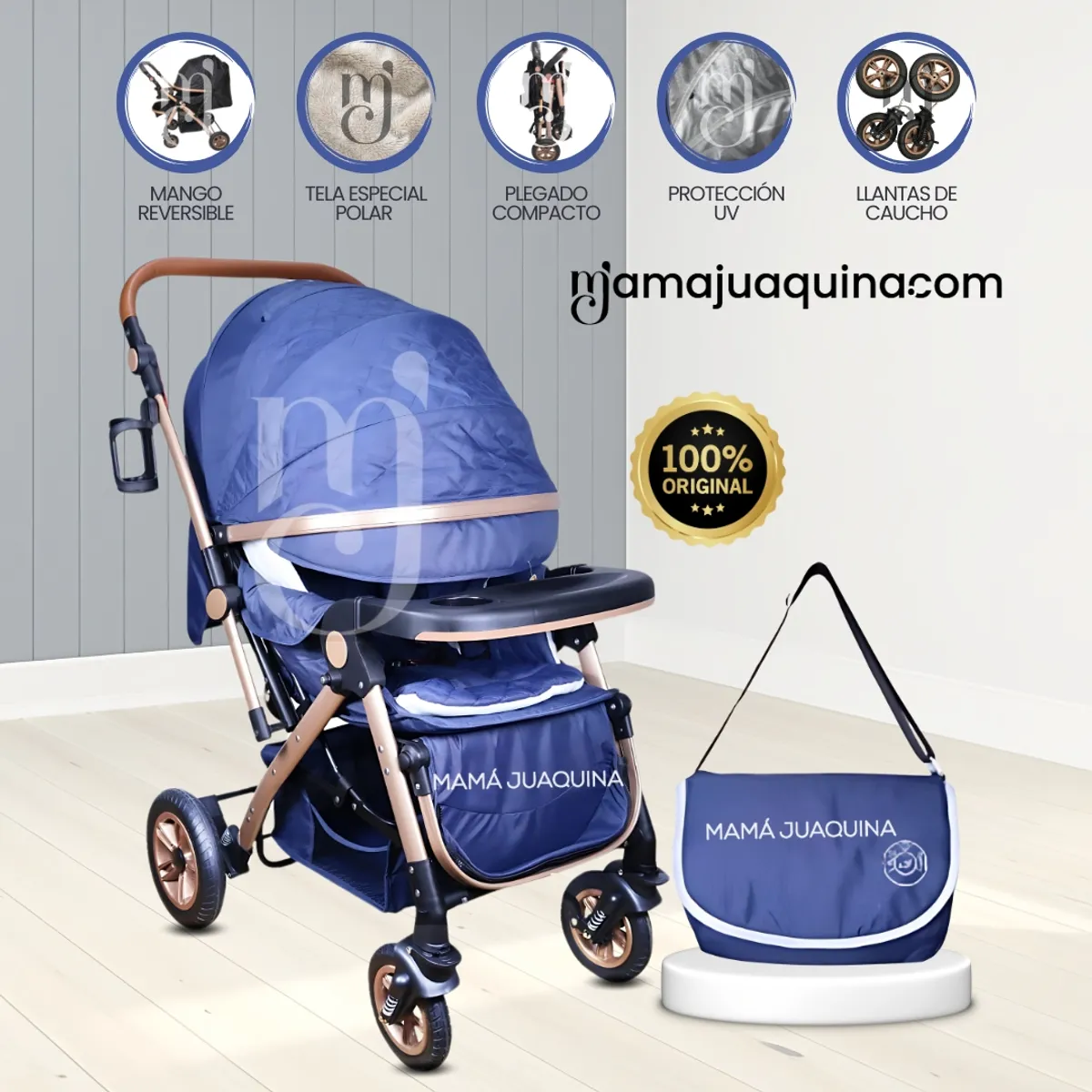 LITTLE - Coche Cuna de Lujo «BARCELONA» con Bolso Pañalero Blue