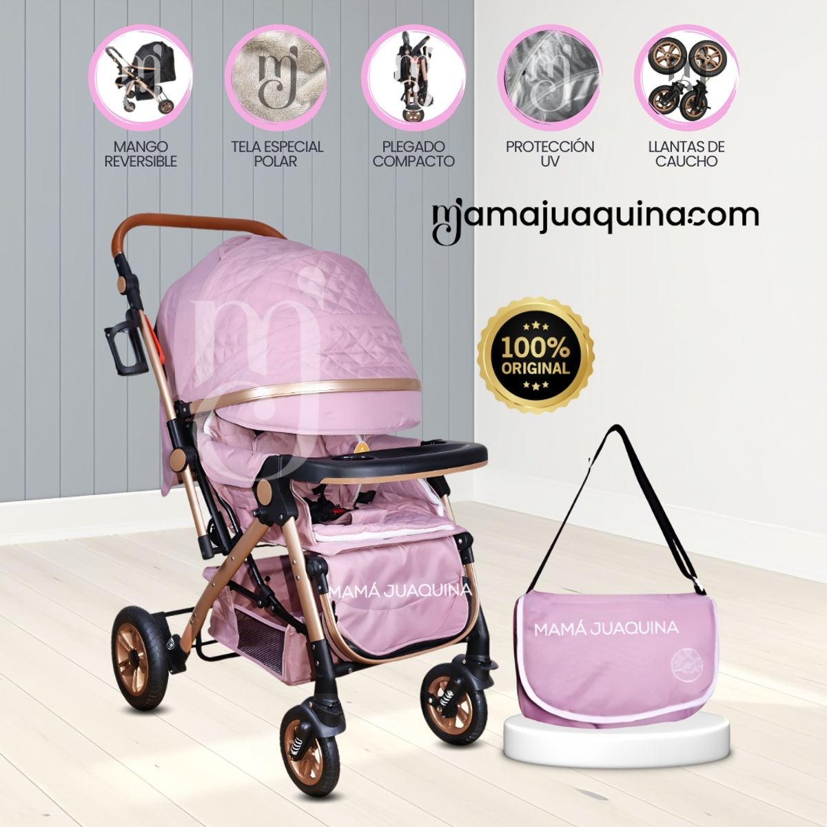 LITTLE - Coche Cuna de Lujo «BARCELONA» con Bolso Pañalero Pink