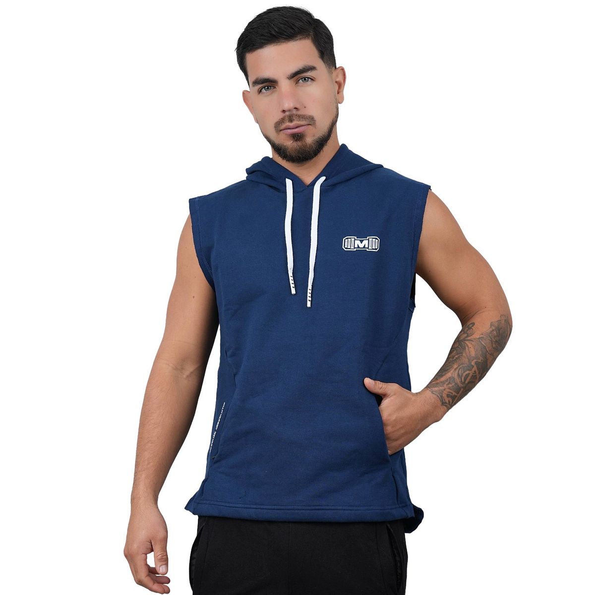 M MUSCLE MUSEUM - Polera Manga Cero Color Azul y Blanco  Bolsillos delantero con cierre