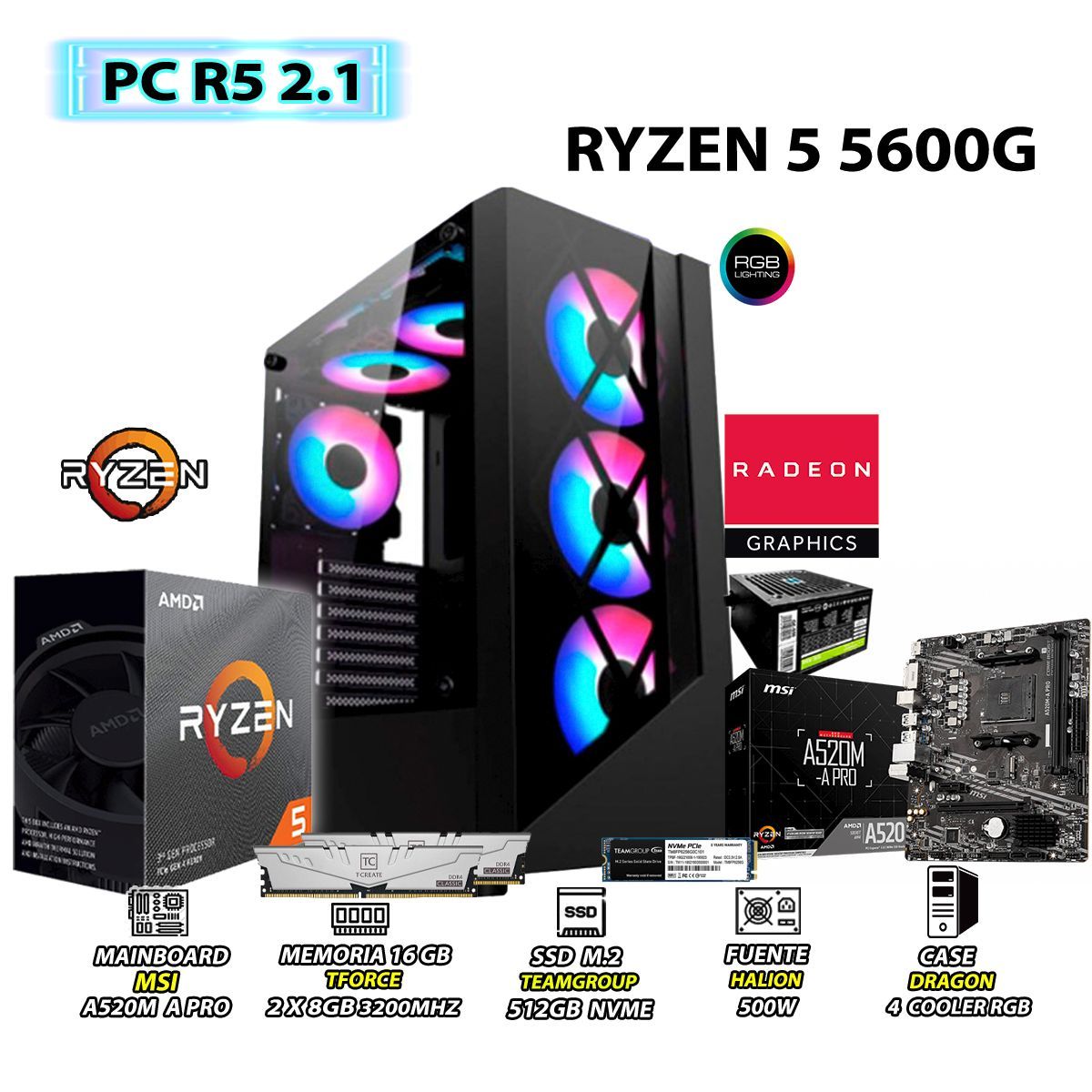 AMD - Computadora PC Ryzen 5 5600G RAM 16GB DISCO 500GB SSD CON GRAFICOS AMD RADEON