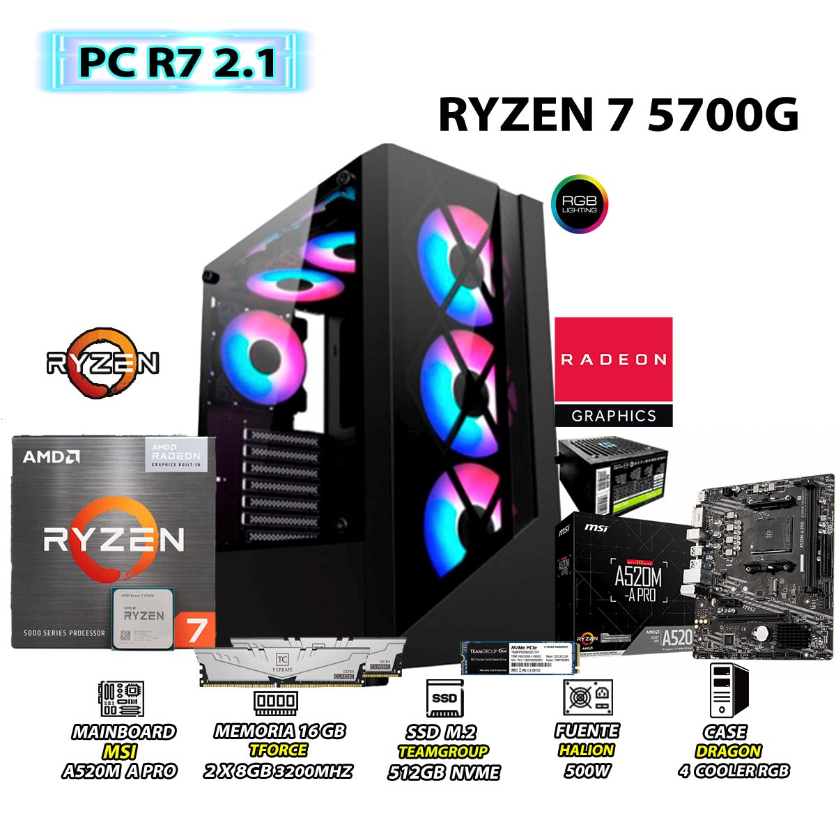 AMD - Computadora PC Ryzen 7 5700G RAM 16GB SSD 500GB CON GRAFICOS AMD RADEON