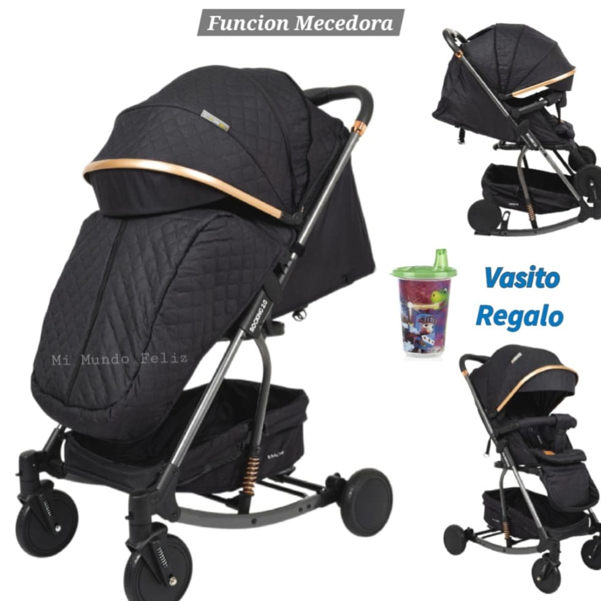 BABY HAPPY - Coche Mecedor para Bebe Llanta Amortiguacion  Black