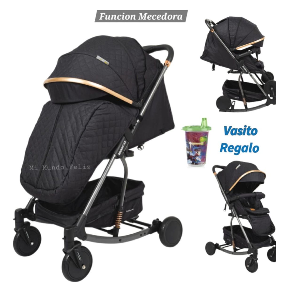 BABY HAPPY - Coche Mecedor para Bebe Llanta Amortiguacion  Black