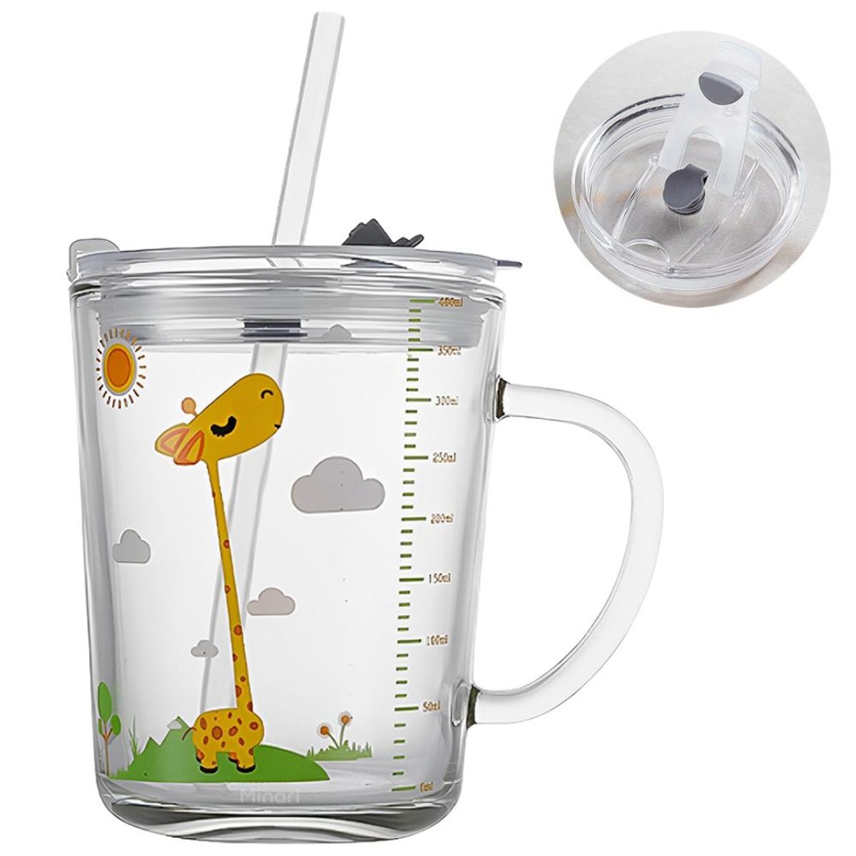 MINARI - Taza de Vidrio Antiderrame Vaso para Niños Jirafa 400ml 47T