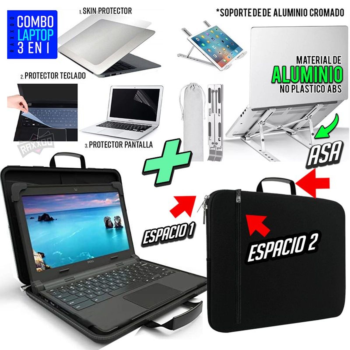 OEM - Maletin funda + Skin 3 en 1 p/ Laptop + Soporte de Aluminio