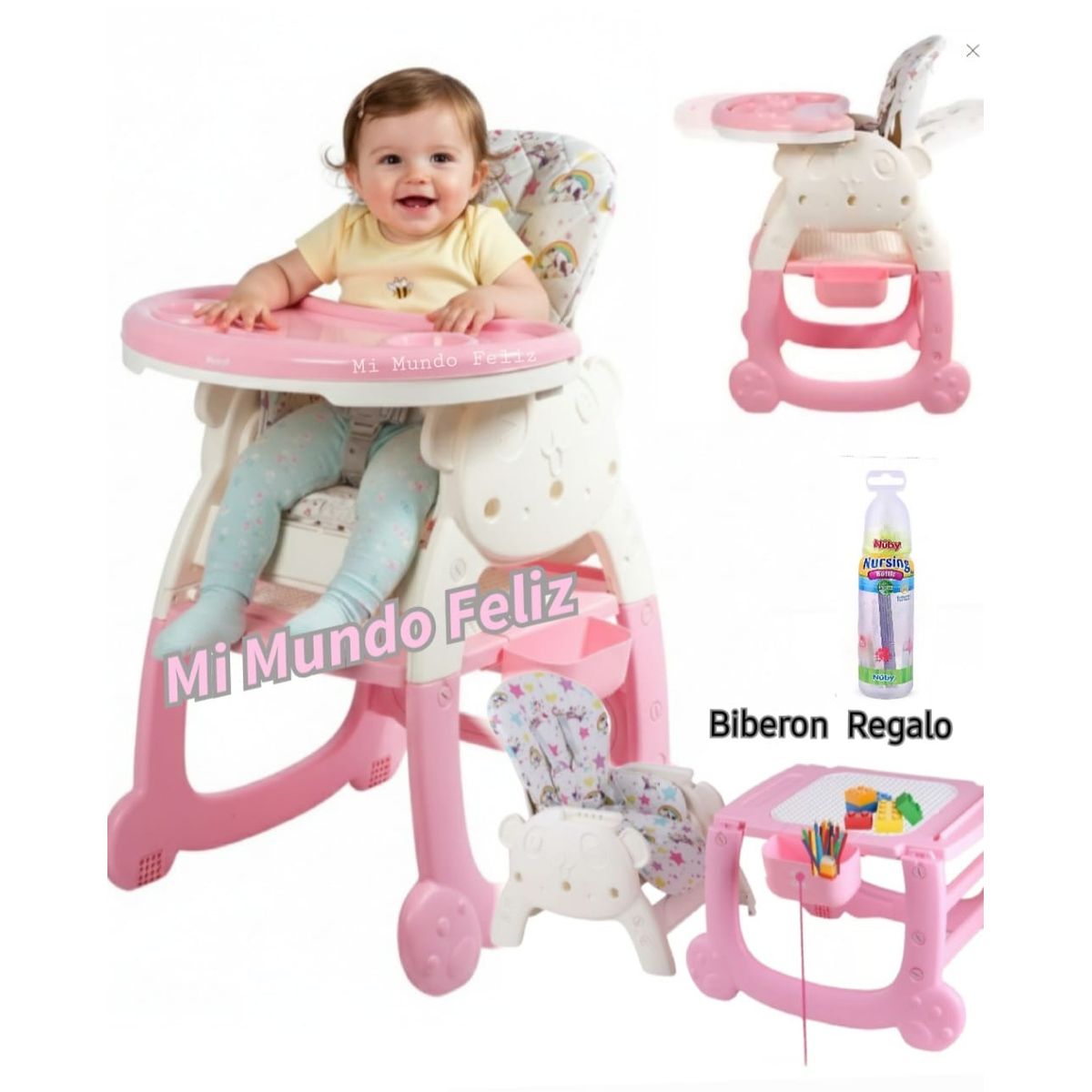 EBABY - Silla de Comer para Bebe 3 en 1 Rosa 2025