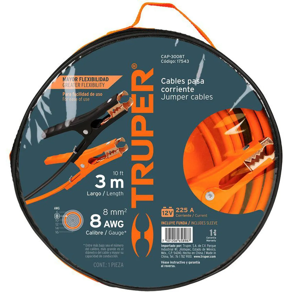 TRUPER - Cable Pasa Corriente 3 mts Calibre 8 AWG 17543 Truper